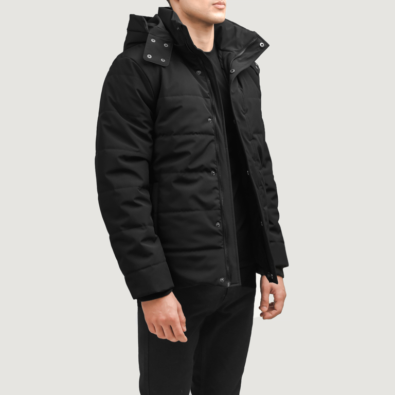 Mens Exton Black Hooded Down Puffer Jacket Side Pose-3-1705940266850